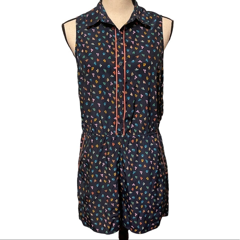 Flying Tomato Novelty Hat Print Sleeveless Summer Button Front Romper Small